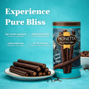 Cookies and cream wafer sticks on plate with Monetta luxury cream wafers tin against blue background