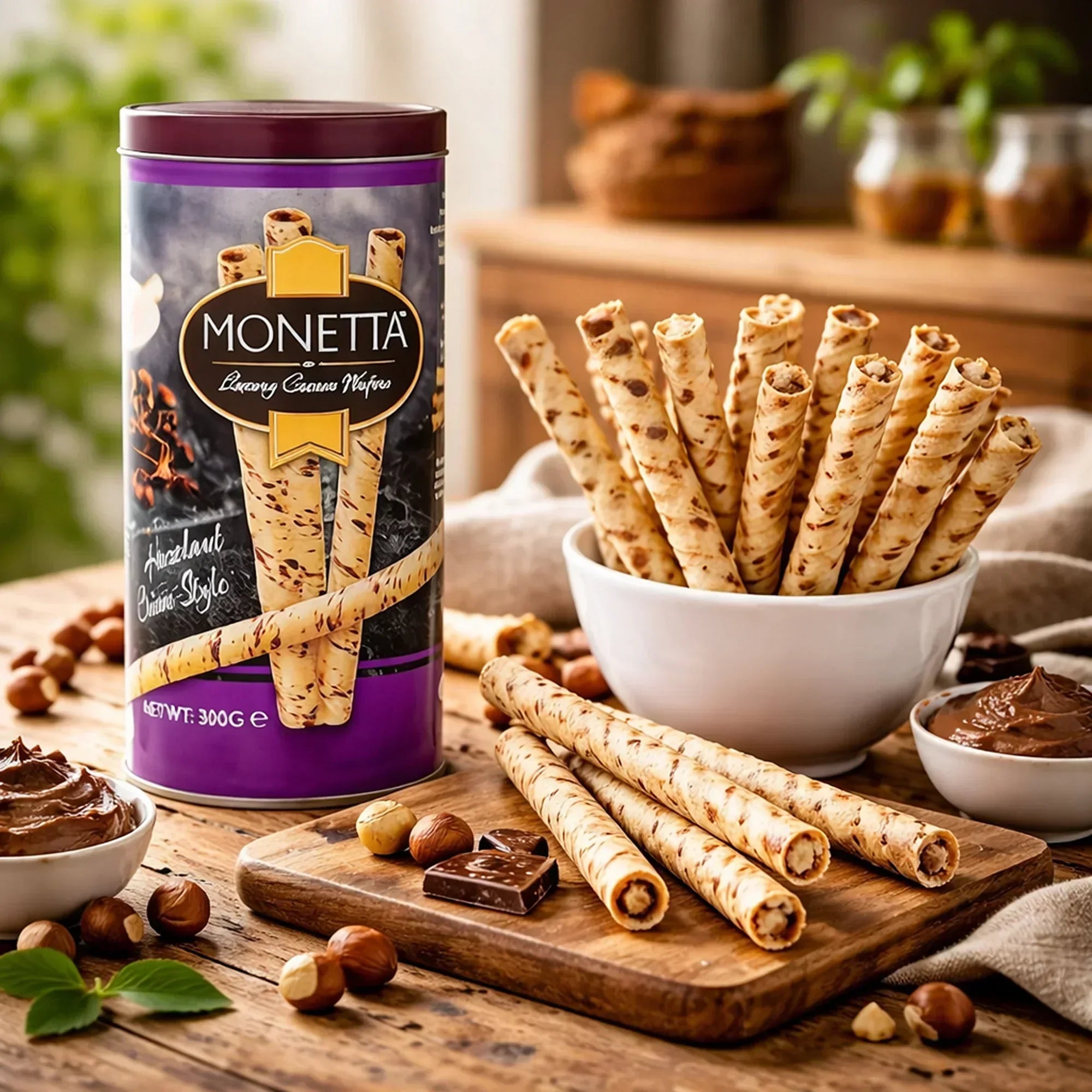 Hazelnut wafer sticks in a bowl and tin, surrounded by chocolate and hazelnuts on a rustic table