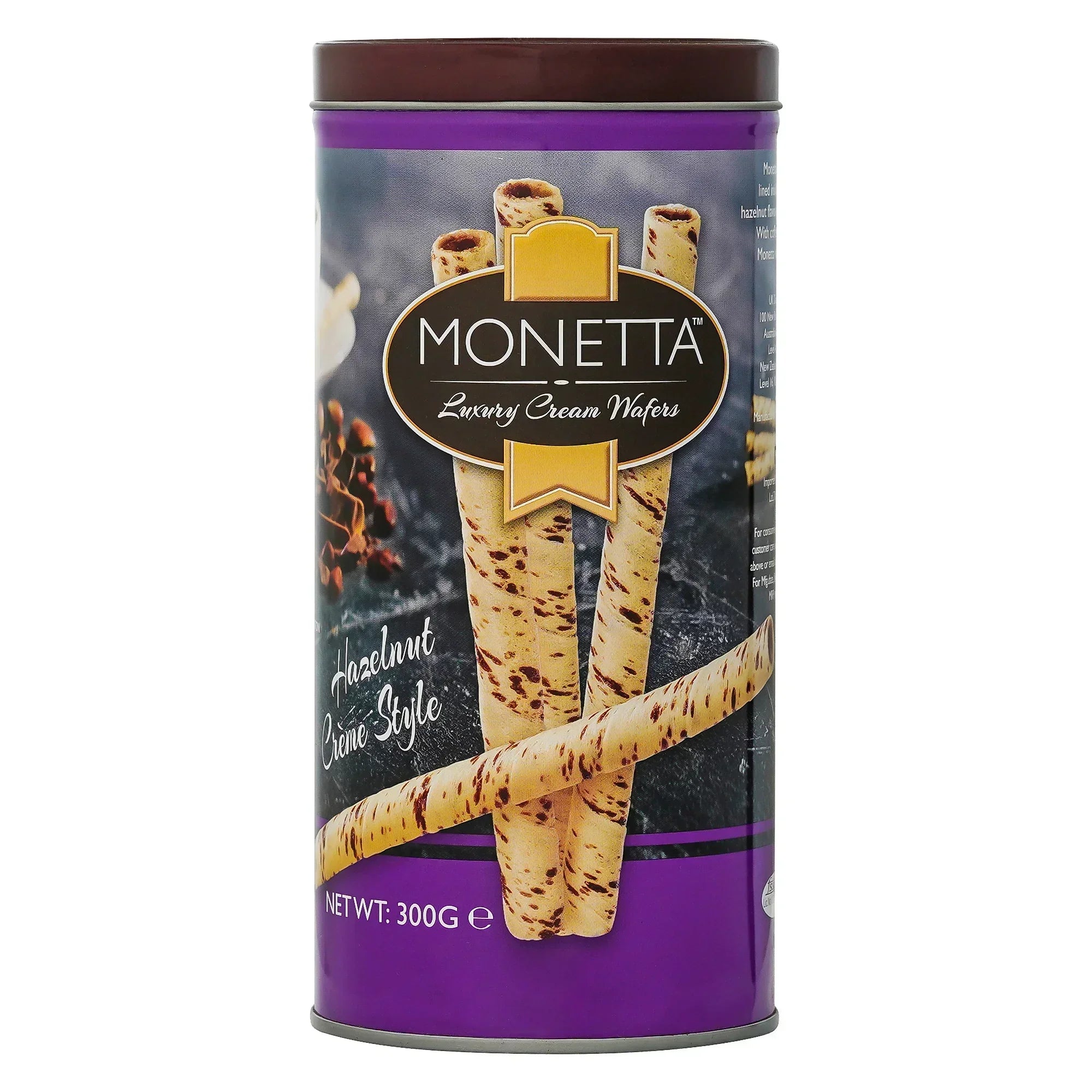 Monetta luxury cream wafers hazelnut creme style tin, 300g, purple packaging