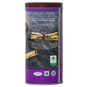 Purple tin of hazelnut wafer sticks with product information and certification logos