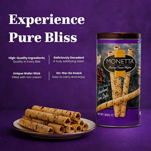 Hazelnut wafer sticks on a plate with a tin can, luxury cream snack, purple background