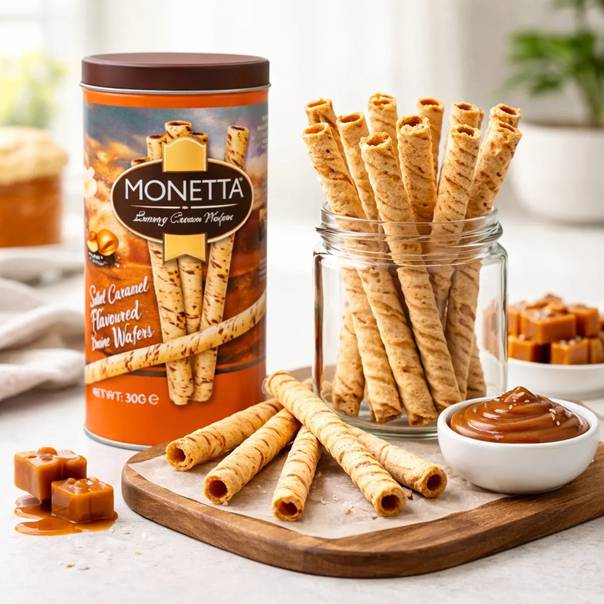 Salted caramel wafer sticks in a glass jar with caramel sauce and caramel cubes
