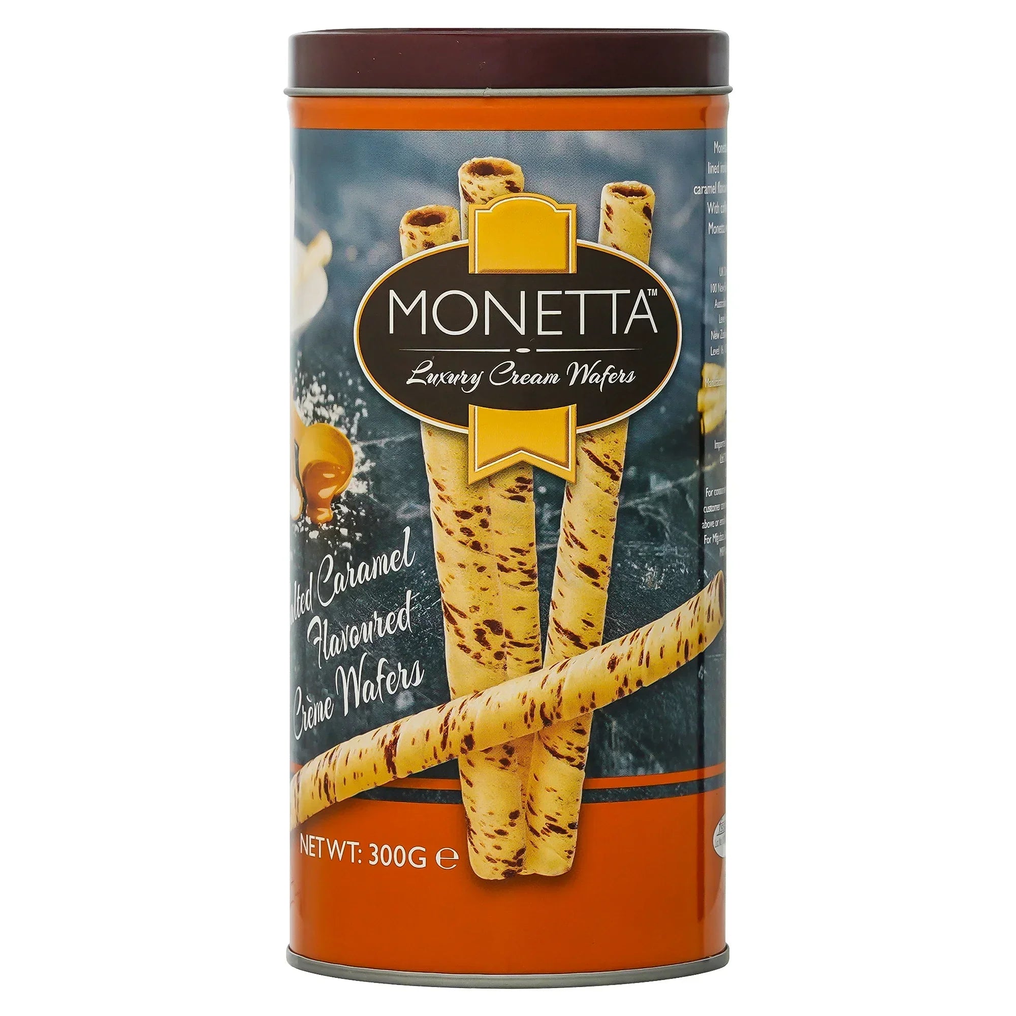 Monetta salted caramel cream wafer sticks in a 300g tin with caramel swirl design
