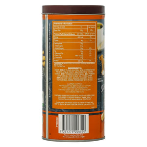 Back of salted caramel wafer sticks tin showing nutrition facts and ingredients label
