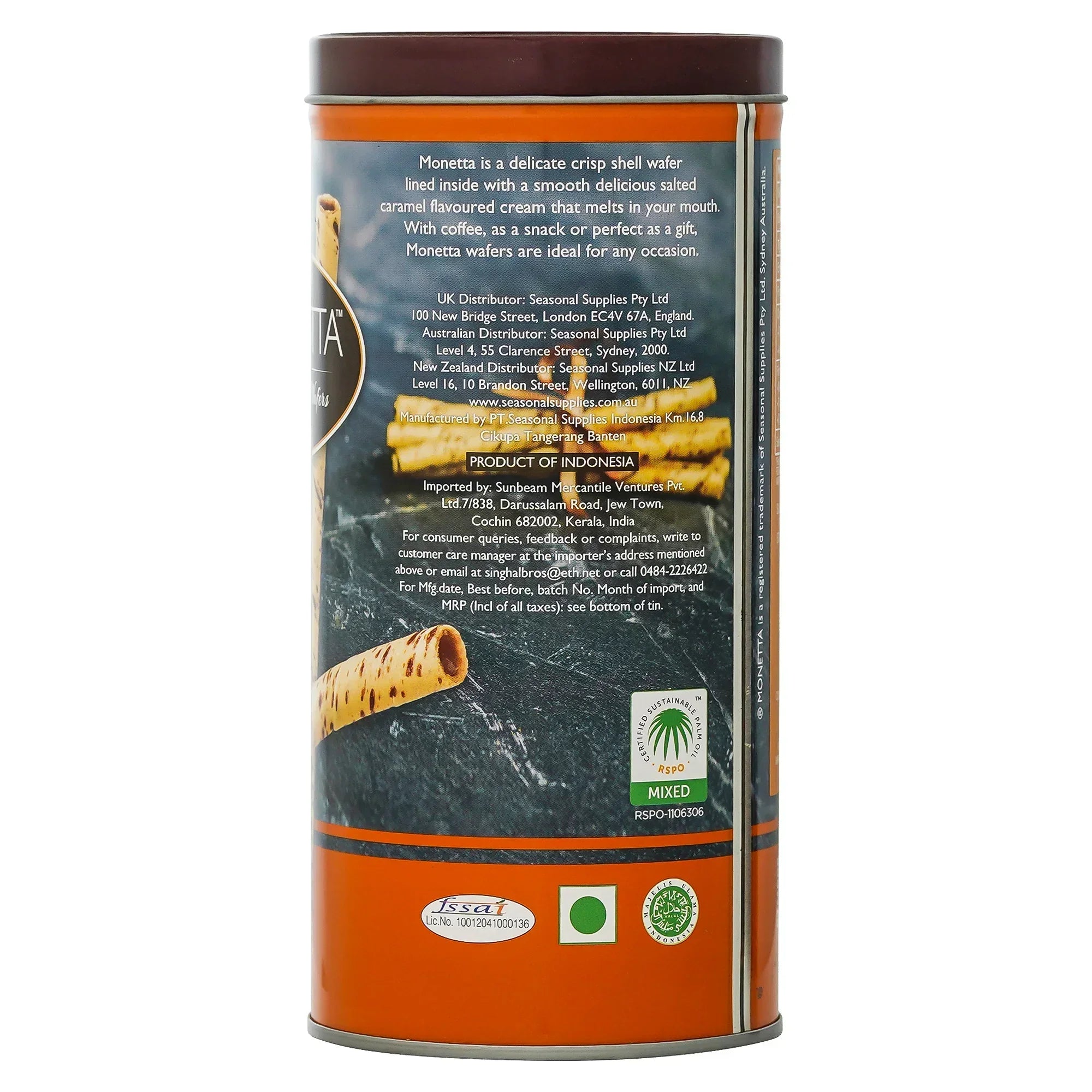 Back of Monetta Salted Caramel Wafer Sticks tin showing product details and ingredients