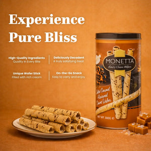 Salted caramel wafer sticks on a plate beside a canister, with caramel pieces and marketing text.