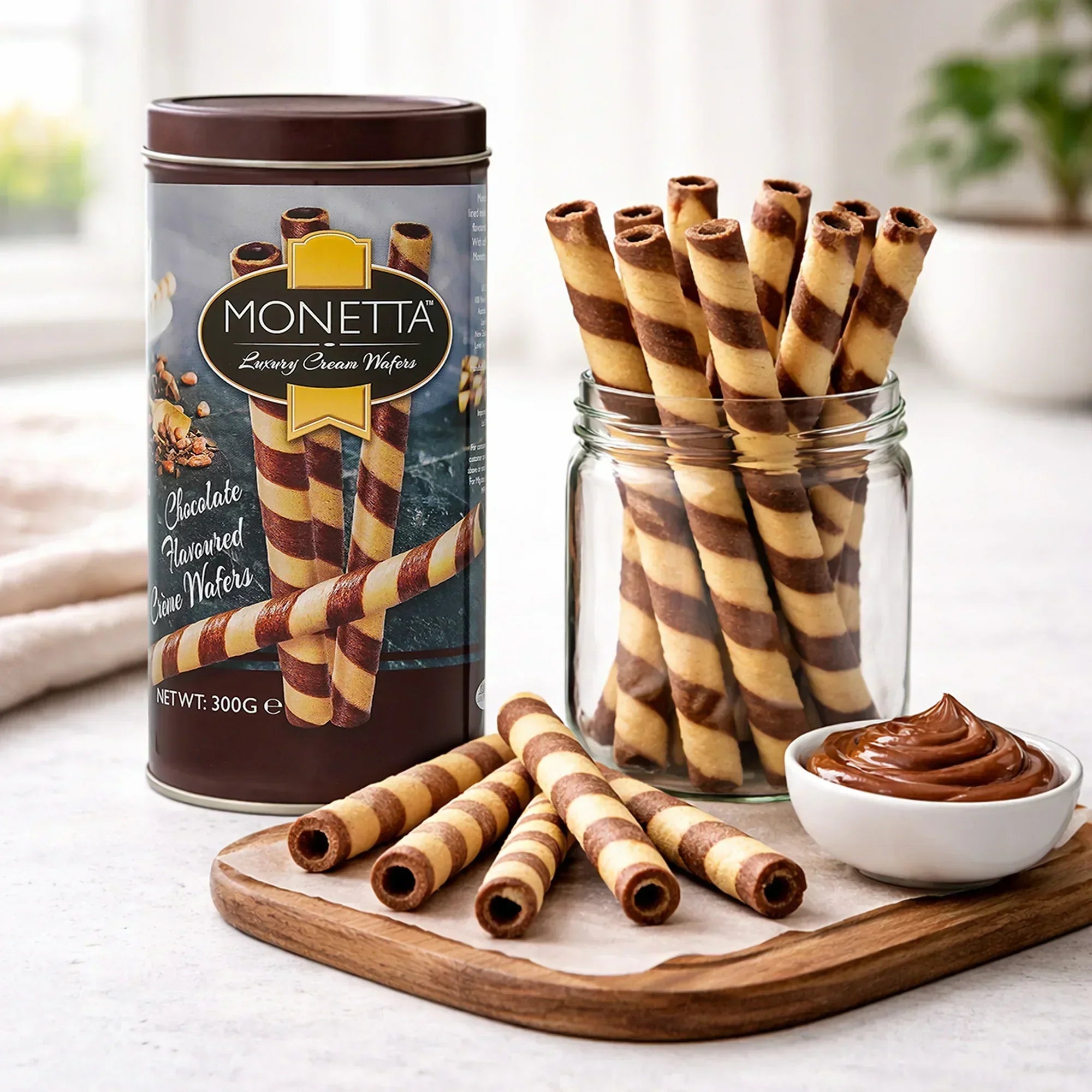 Chocolate cream wafer sticks in a glass jar with tin packaging and chocolate dip.