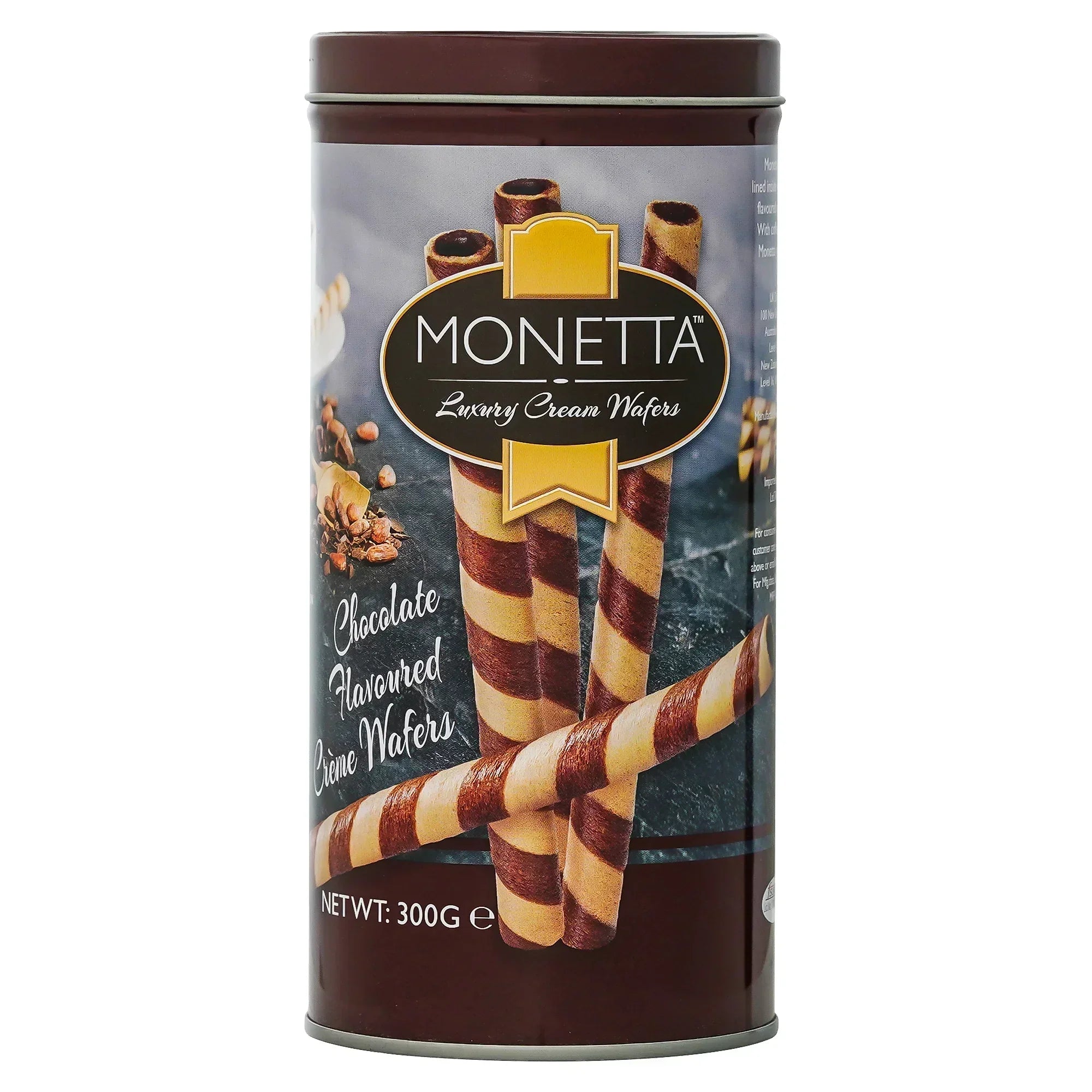 Chocolate flavored creme wafer rolls in a decorative tin, 300g packaging