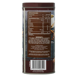 Back of a tin featuring strawberry wafer rolls with nutrition facts and ingredients label.