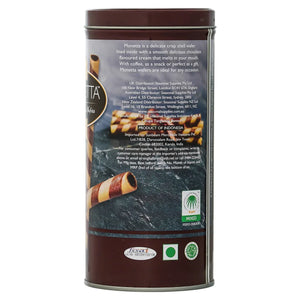 Tin container of chocolate coated wafer rolls with product details and ingredients label