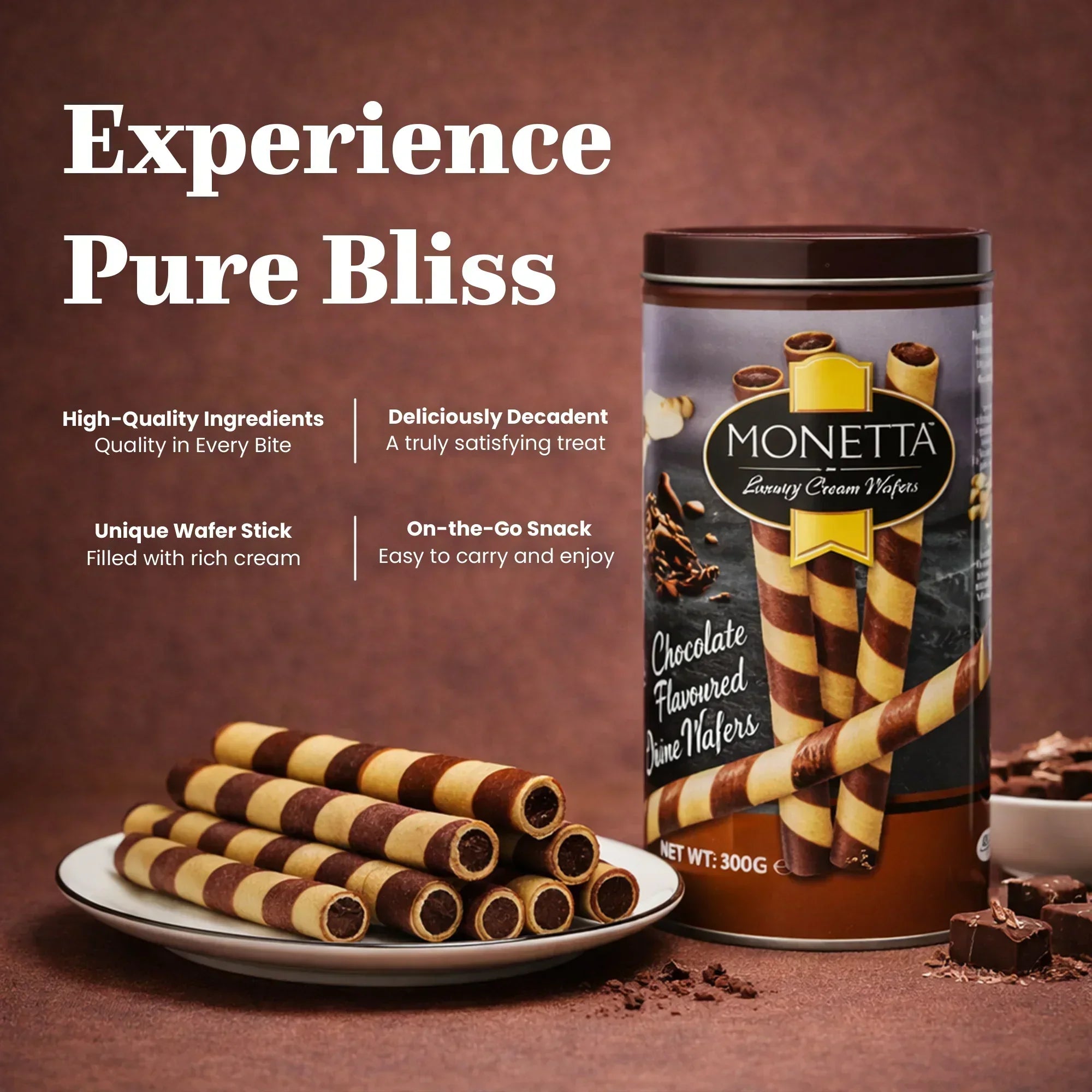 Chocolate striped wafer rolls on plate beside tin, premium snack with creamy filling