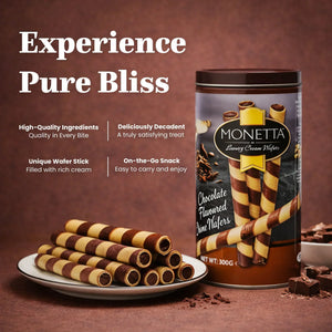 Chocolate striped wafer rolls on plate beside tin, premium snack with creamy filling