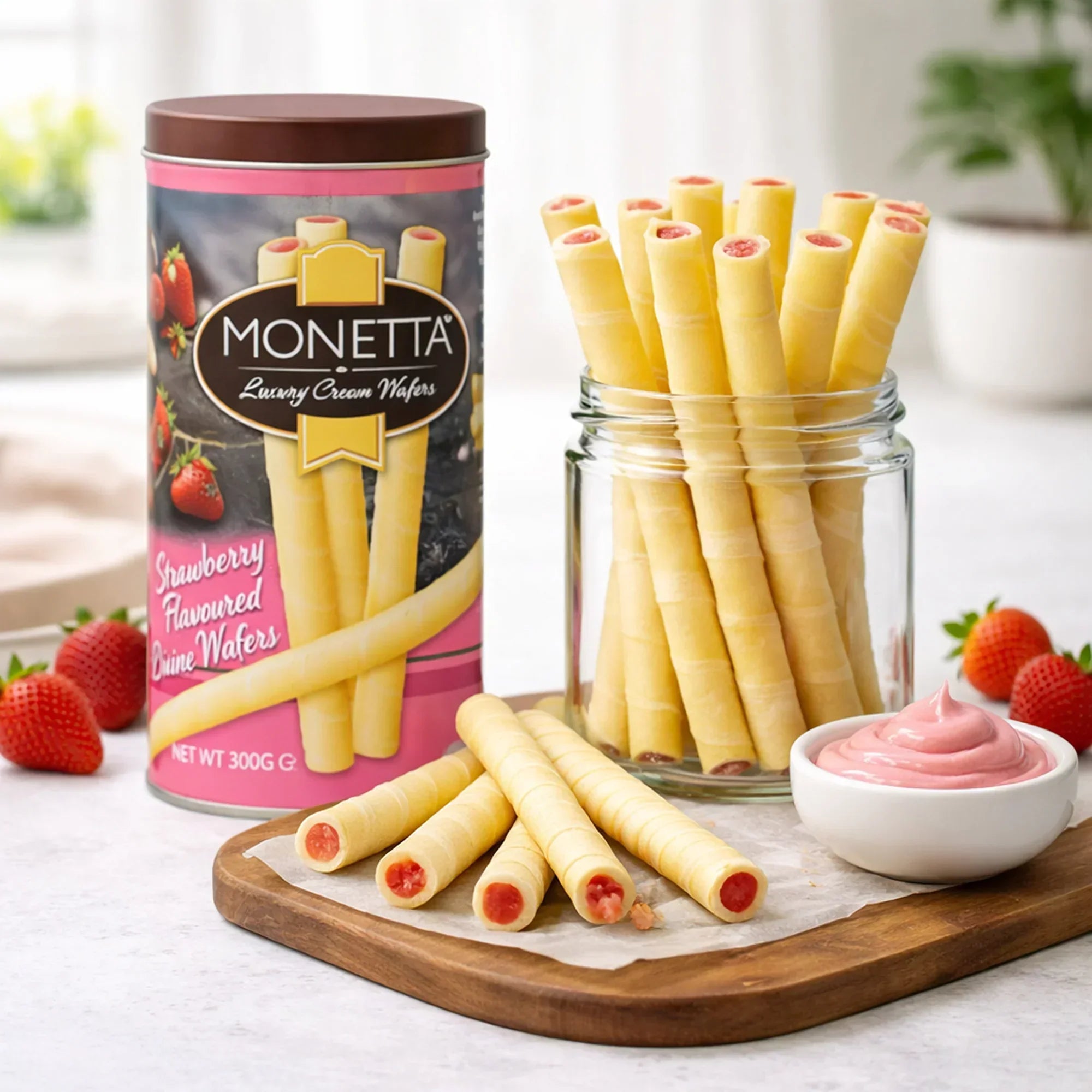 Strawberry cream wafer sticks in a jar with strawberries and dip, Monetta tin in background