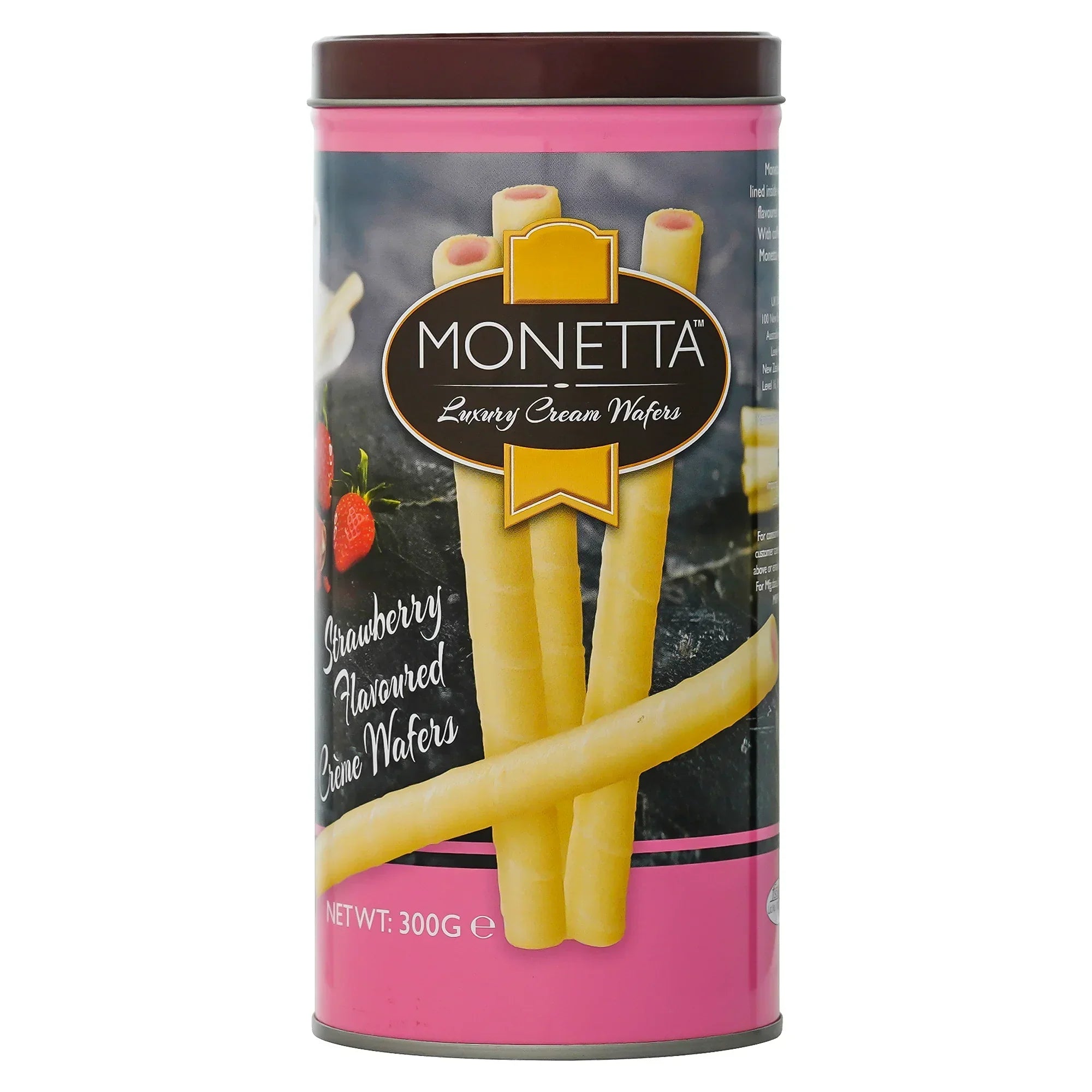 Tin of Monetta luxury cream wafers, strawberry flavored, 300g, pink packaging