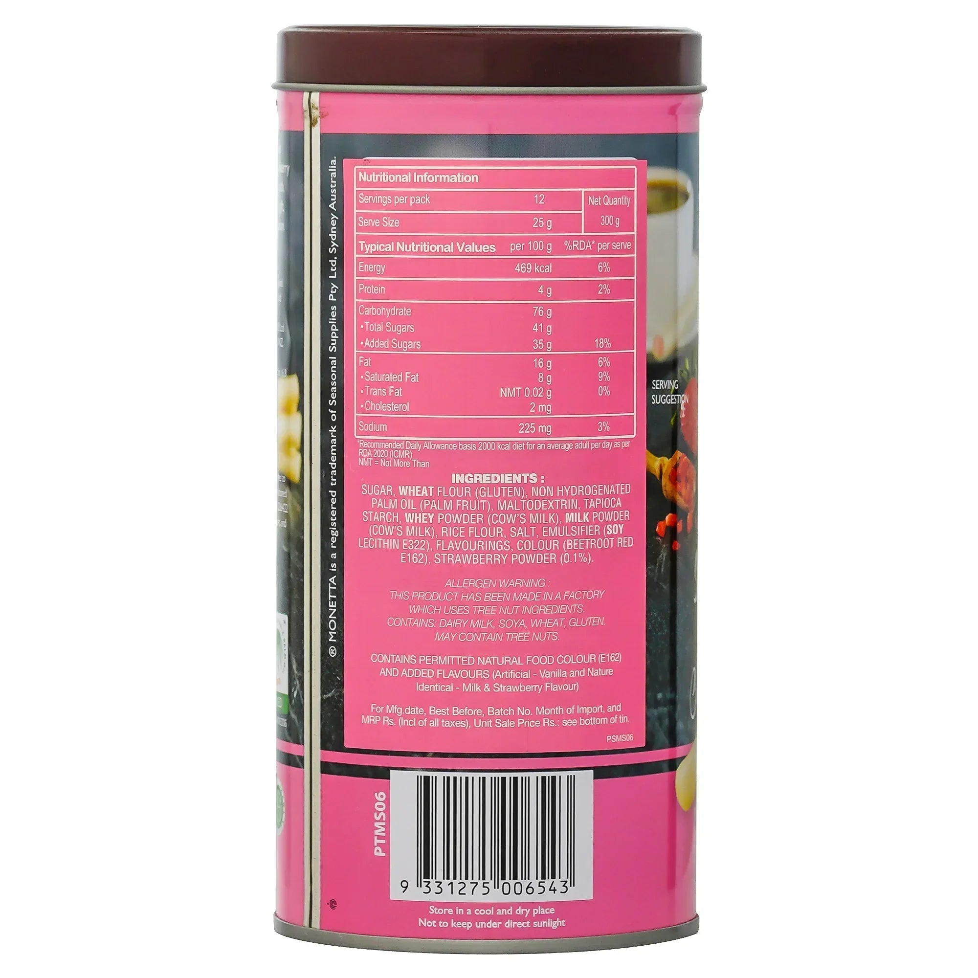 Back of strawberry wafer sticks tin showing nutrition facts, ingredients, and barcode