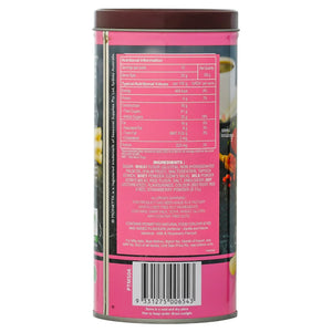 Back of strawberry wafer sticks tin showing nutrition facts, ingredients, and barcode