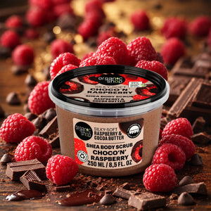 Organic Shop Silky-Soft Raspberry & Cocoa Butter Shea Body Scrub with fresh raspberries and chocolate.