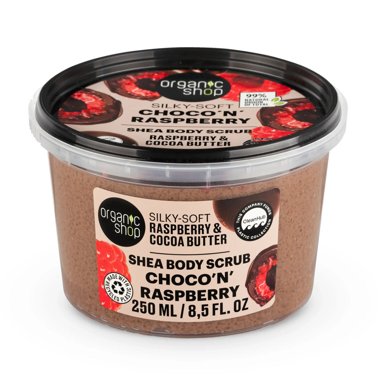 Organic Shop Silky-Soft Choco'n' Raspberry Shea Body Scrub, 250ml jar