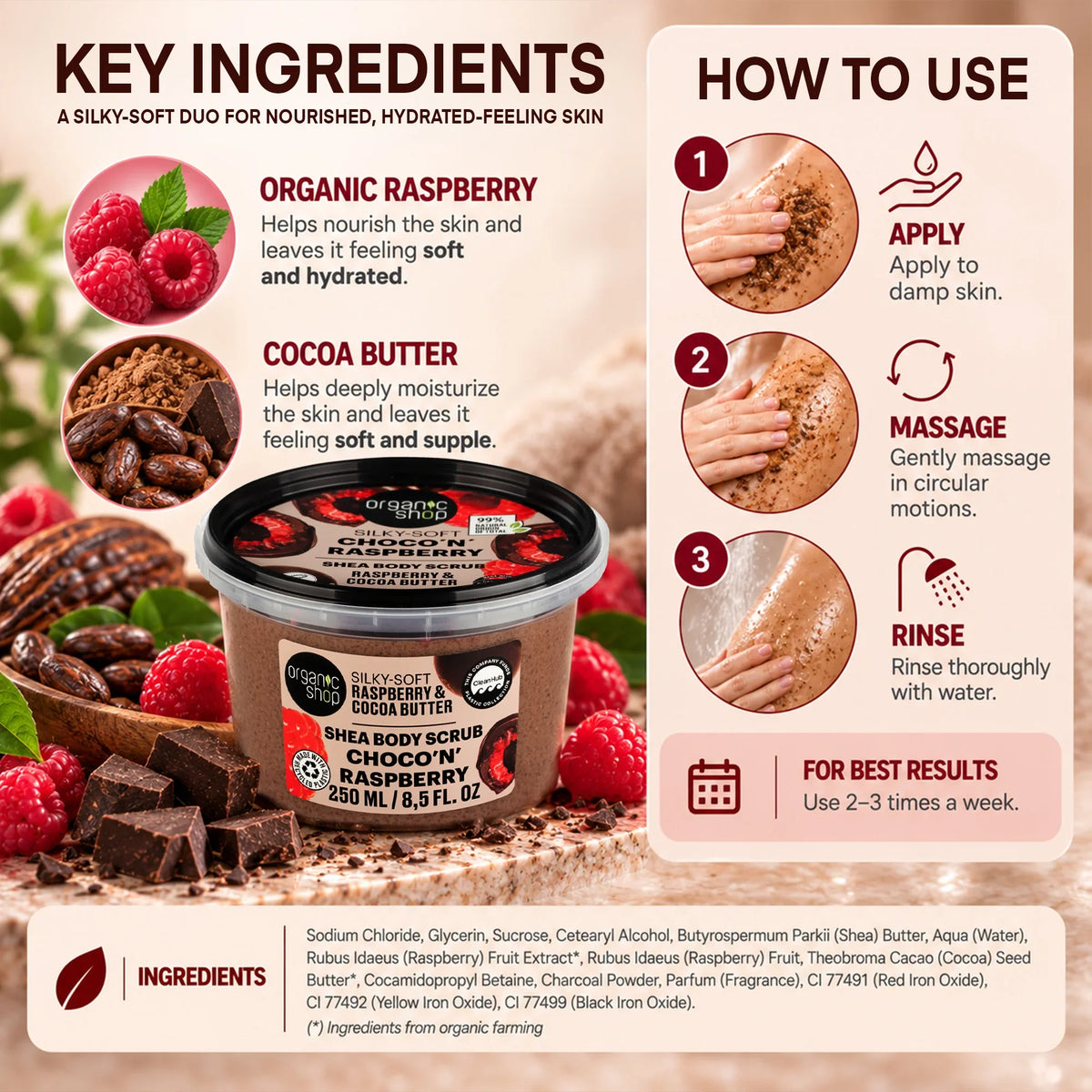 Organic Shop Silky-Soft Raspberry & Cocoa Butter Shea Body Scrub product display and usage guide.