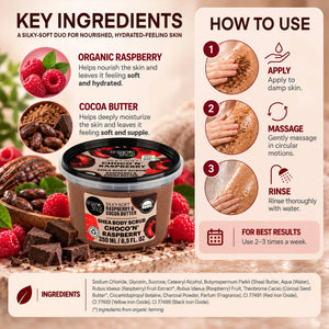 Organic Shop Silky-Soft Raspberry & Cocoa Butter Shea Body Scrub product display and usage guide.