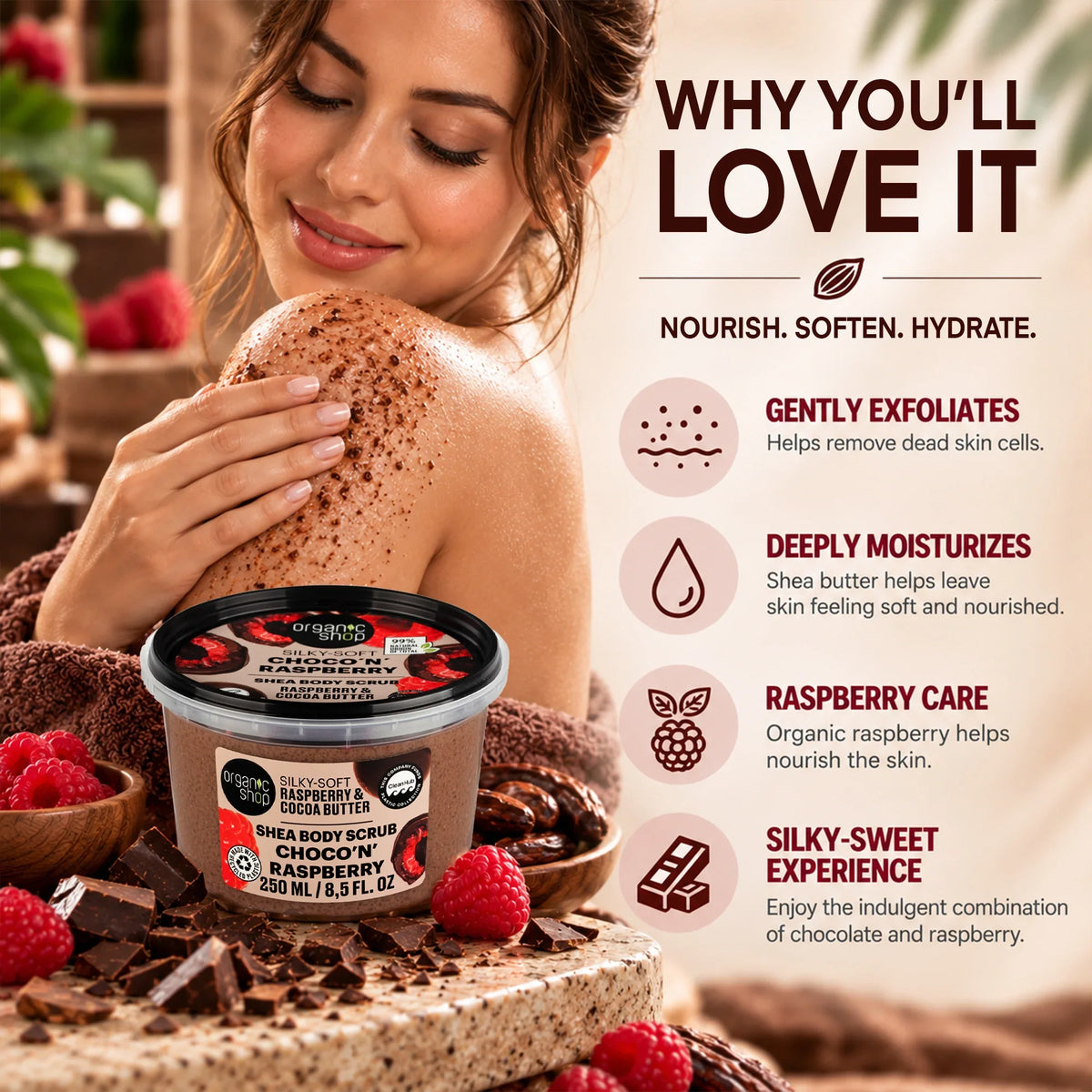 Woman applying Organic Story Silky-Soft Raspberry & Cocoa Butter body scrub to her shoulder.
