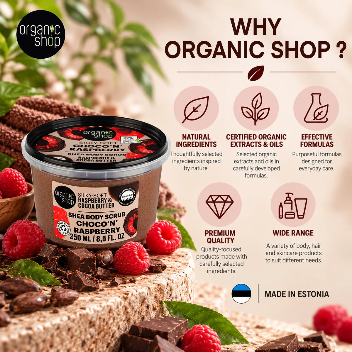 Organic Shop Silky-Soft Raspberry & Cocoa Butter Shea Body Scrub with fresh raspberries and chocolate.