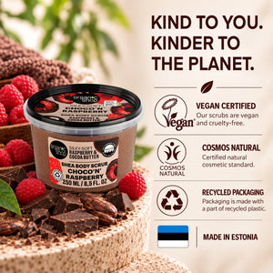 Organic Shop Raspberry & Cocoa Butter body scrub with vegan and natural certifications.