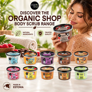 Organic Shop body scrub range featuring various scented exfoliating creams for skin care.