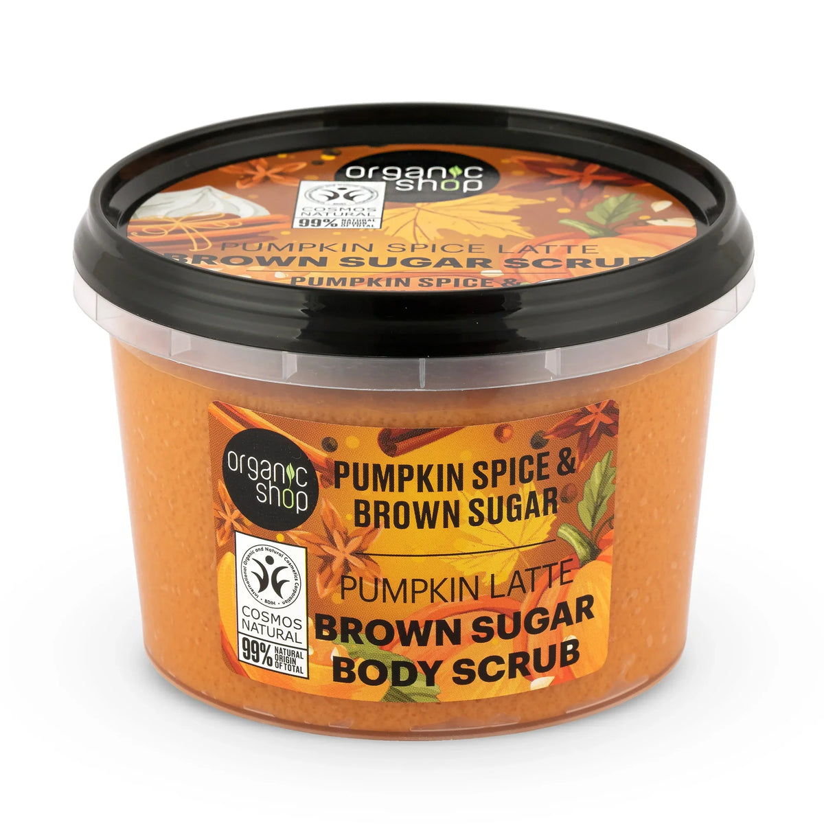 Organic Shop Pumpkin Spice & Brown Sugar Body Scrub in a transparent tub
