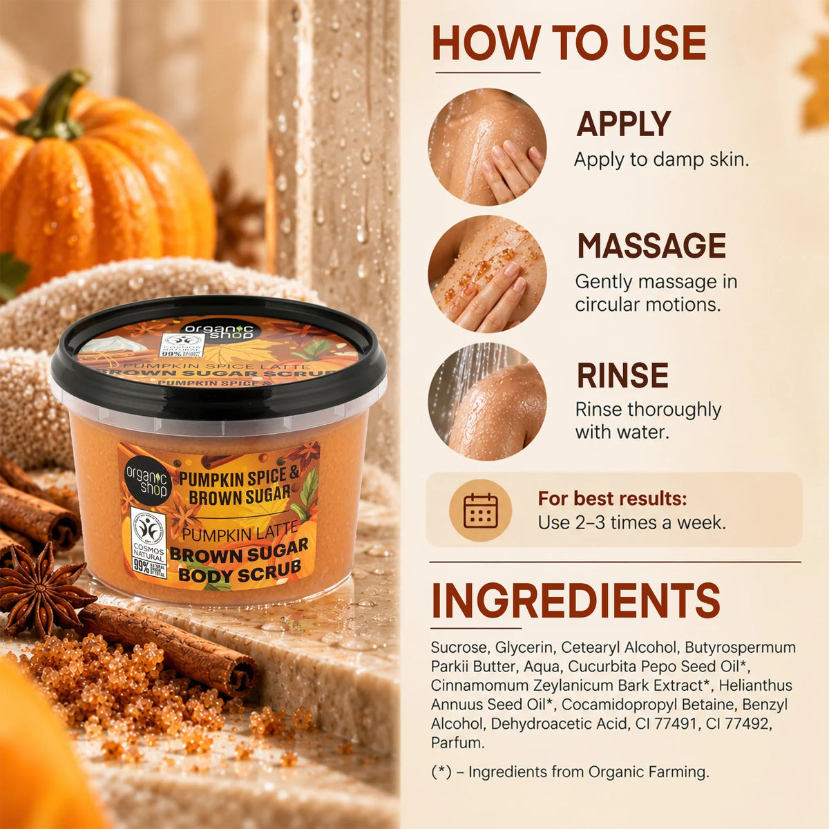 Organic Shop Pumpkin Spice & Brown Sugar Body Scrub with usage instructions and ingredients.