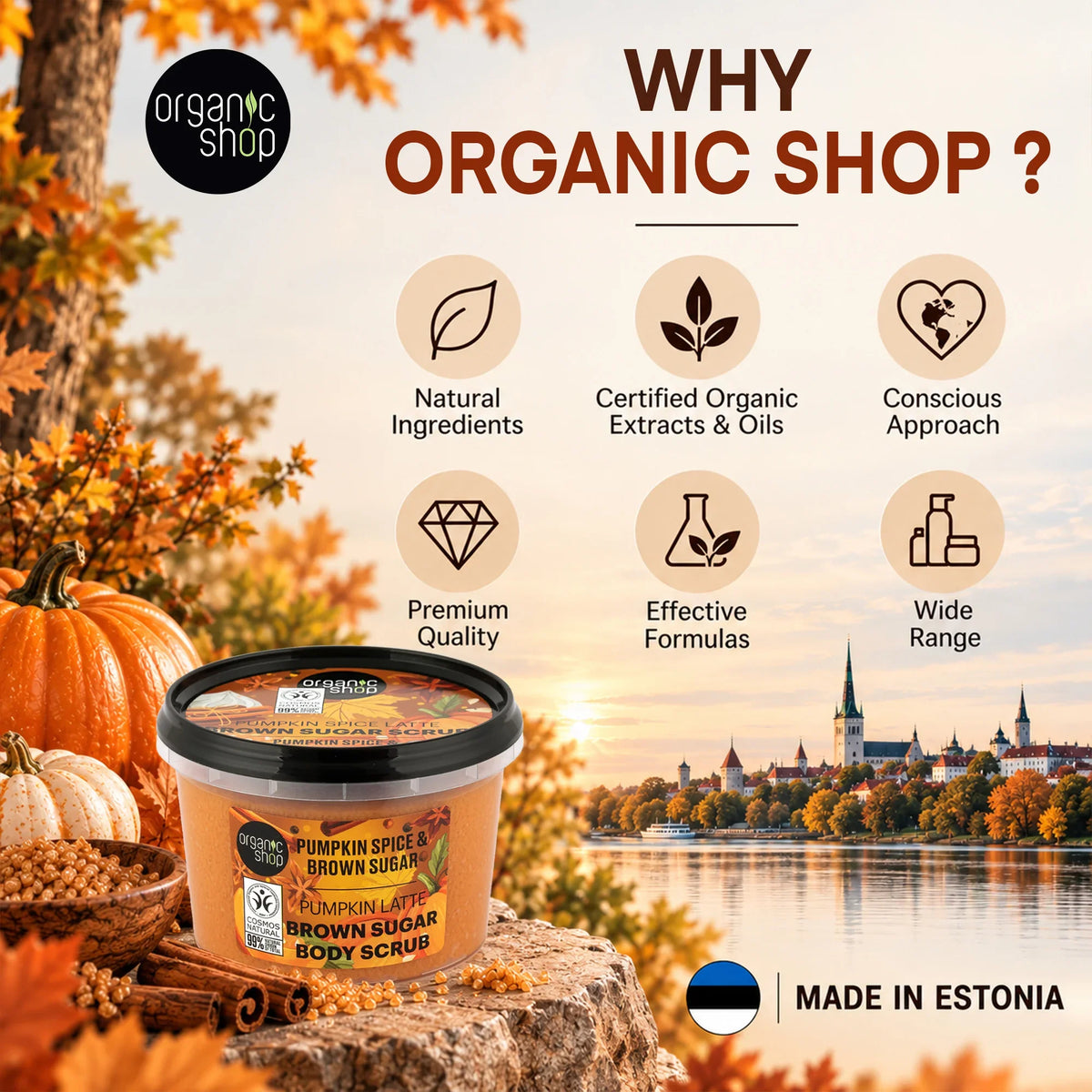 Organic Shop Pumpkin Spice and Brown Sugar Body Scrub with autumn-themed background.