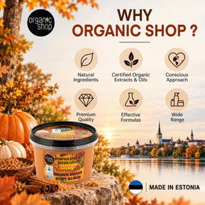 Organic Shop Pumpkin Spice and Brown Sugar Body Scrub with autumn-themed background.