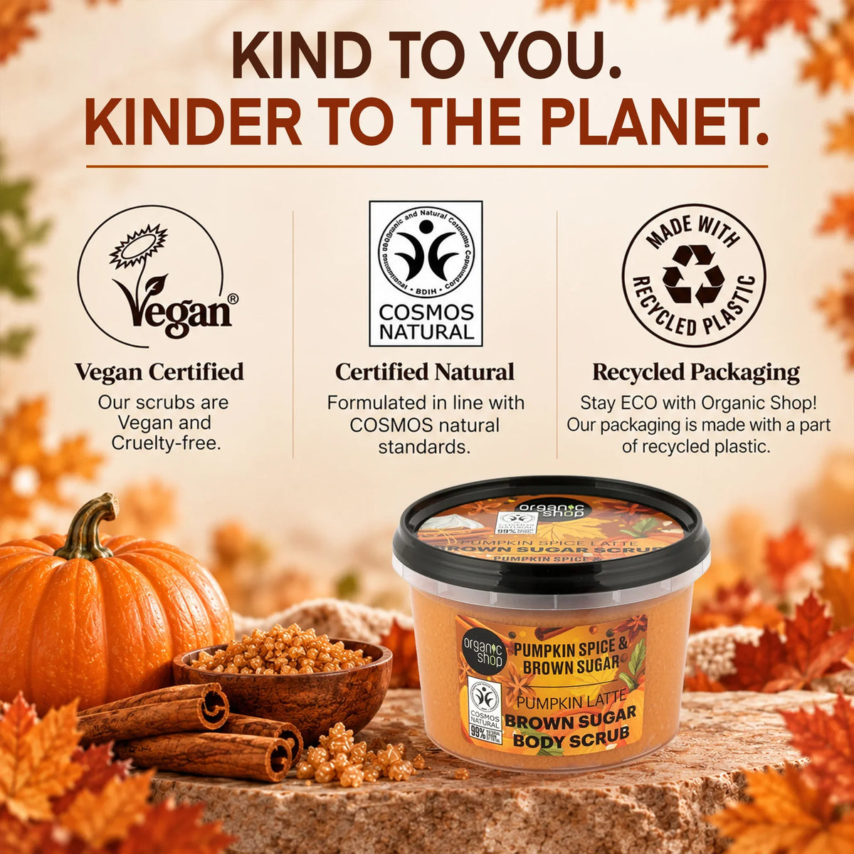 Organic Shop Pumpkin Spice & Brown Sugar Body Scrub with vegan and natural certifications.