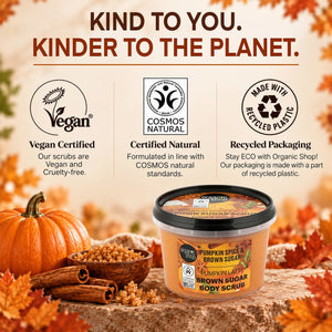 Organic Shop Pumpkin Spice & Brown Sugar Body Scrub with vegan and natural certifications.