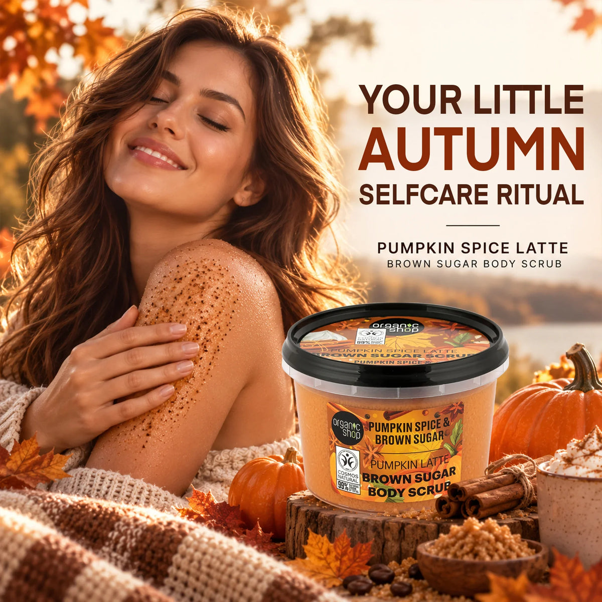 Woman using Pumpkin Spice Latte Brown Sugar Body Scrub for autumn self-care ritual.