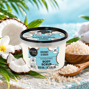 Organic Shop Coconut and Sugar Hydrating Body Scrub with fresh coconut and sugar grains