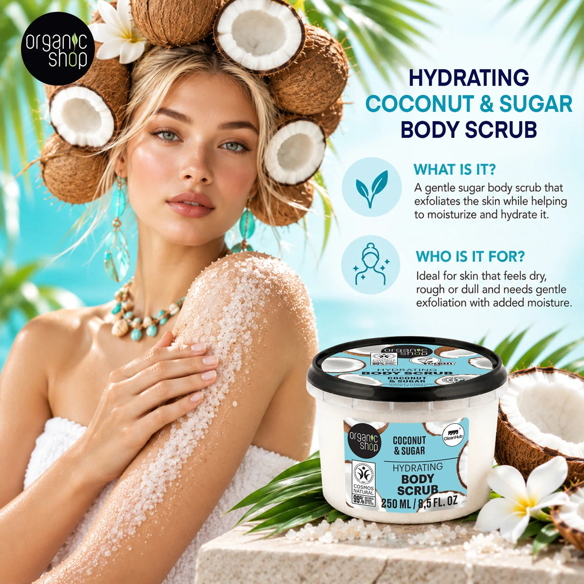 Organic Shop Hydrating Coconut & Sugar Body Scrub for moisturizing skin exfoliation.