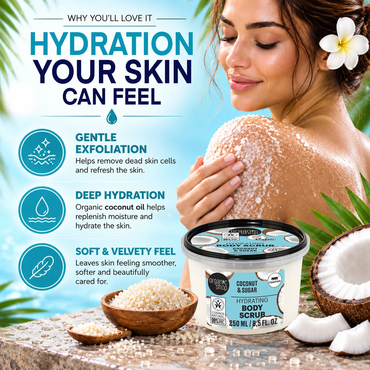 Organic Shop Coconut and Sugar Hydrating Body Scrub for gentle exfoliation and deep hydration.