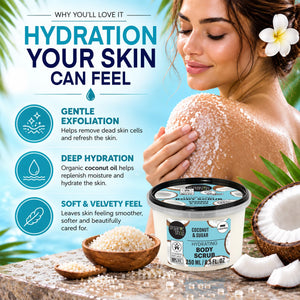 Organic Shop Coconut and Sugar Hydrating Body Scrub for gentle exfoliation and deep hydration.