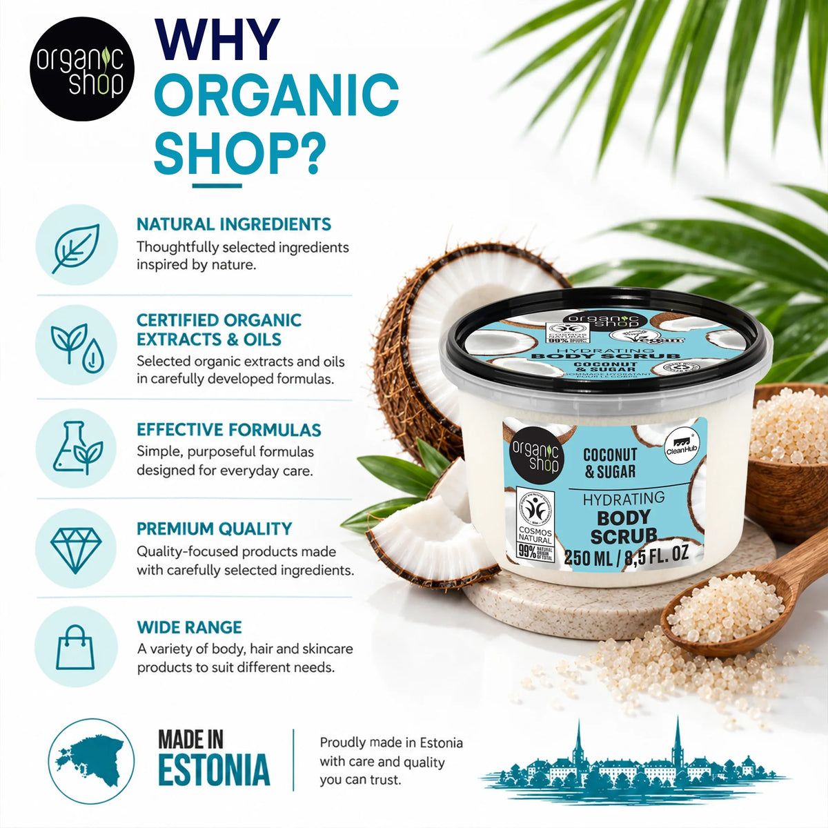 Organic Shop Coconut and Sugar Hydrating Body Scrub product advertisement.