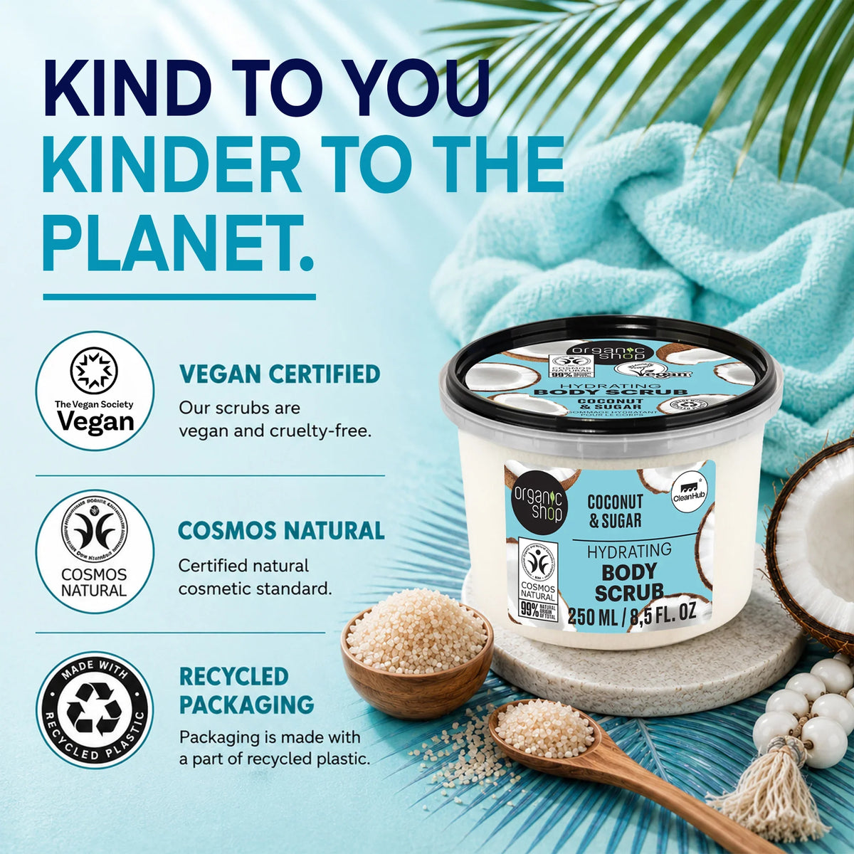 Organic Shop Coconut and Sugar Hydrating Body Scrub in a jar with coconut and grains.