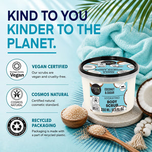 Organic Shop Coconut and Sugar Hydrating Body Scrub in a jar with coconut and grains.