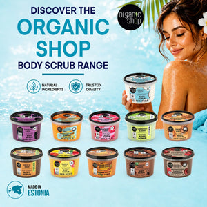Organic Shop body scrub range with various fruit and coffee scents in colorful tubs.