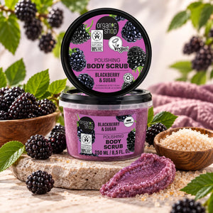 Organic Shop Blackberry & Sugar Polishing Body Scrub in a purple tub with fresh blackberries.