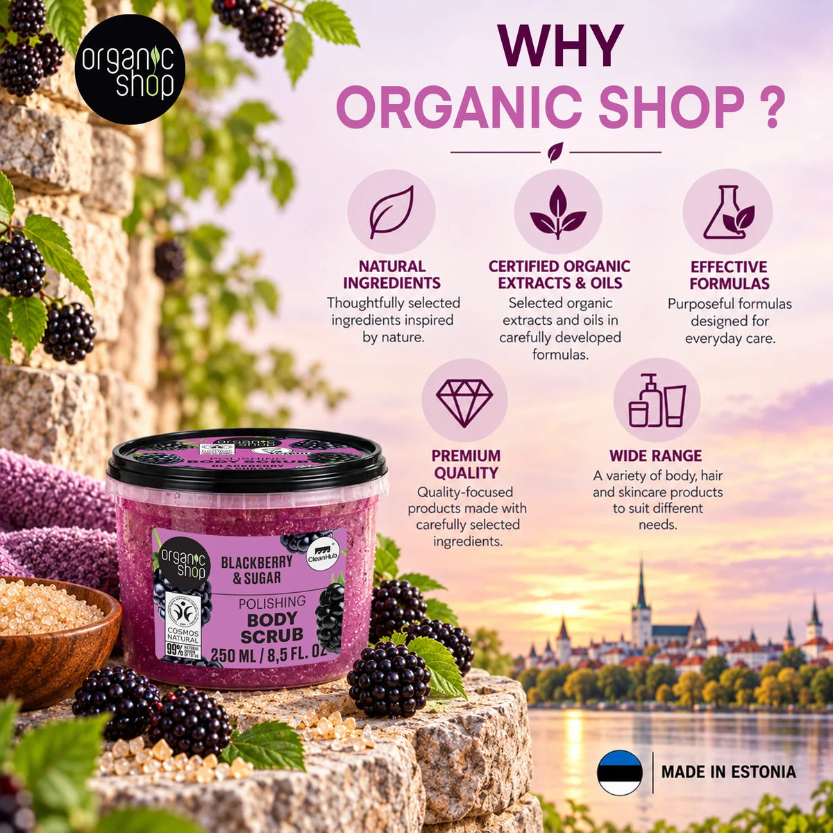 Organic Shop Blackberry and Sugar Polishing Body Scrub in a purple tub with blackberries.