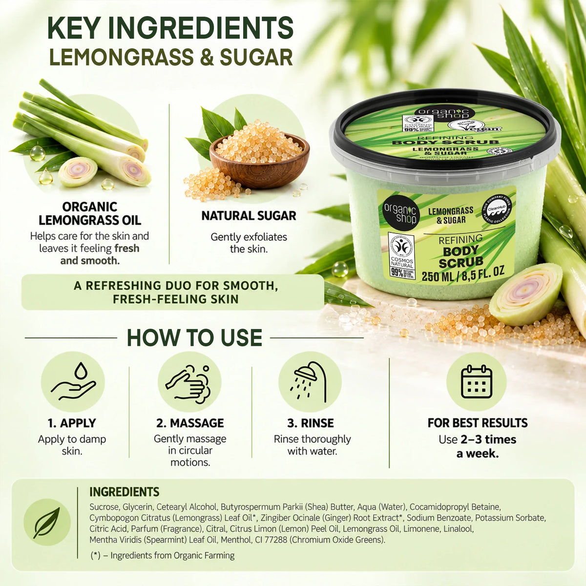 Organic Shop Lemongrass & Sugar Refining Body Scrub with key ingredients and usage instructions.