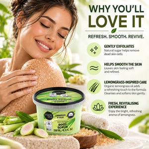 Organic Shop Refining Body Scrub with Lemongrass & Sugar for exfoliating and smoothing skin.