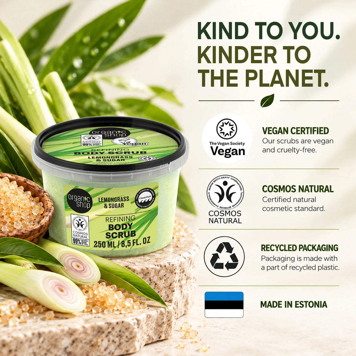 Organic Shop Lemongrass & Sugar Refining Body Scrub with vegan and COSMOS natural certifications.