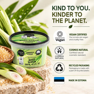 Organic Shop Lemongrass & Sugar Refining Body Scrub with vegan and COSMOS natural certifications.