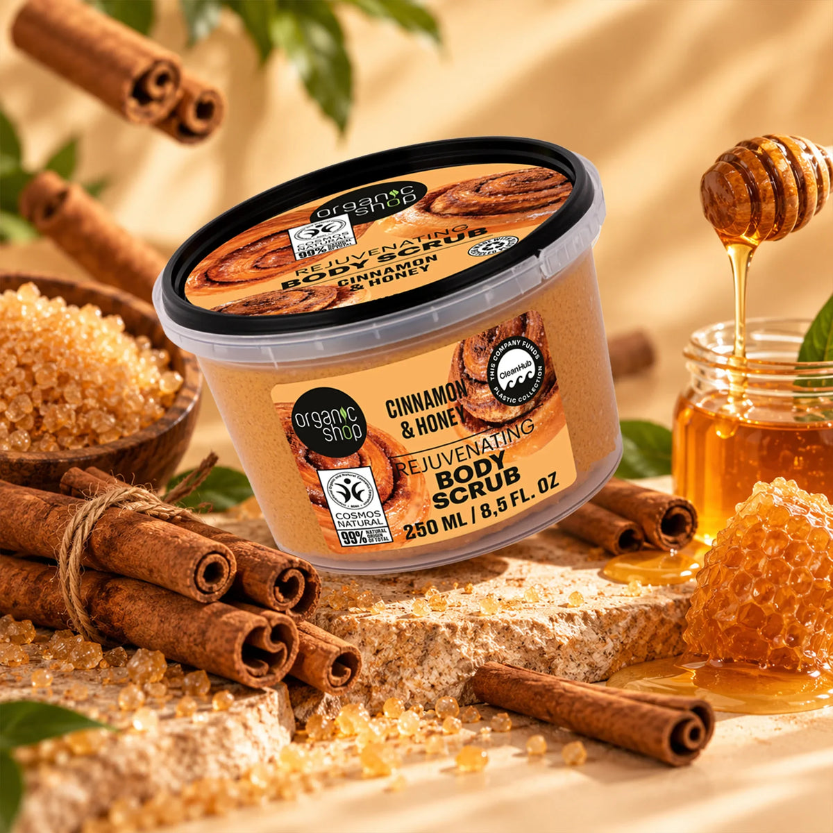 Organic Shop Cinnamon and Honey Rejuvenating Body Scrub with cinnamon sticks and honey